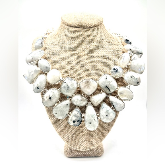 White,Dark Inclusion Moonstone Gemstone Necklace 18”-19”
